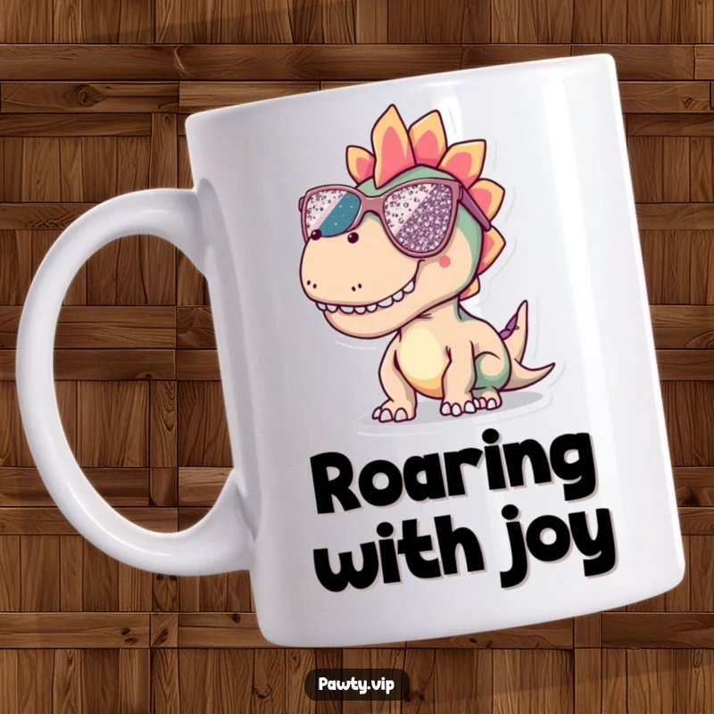 Funny dinosaur mug character wearing enormous, glittering sequined sunglasses, exuding confidence and retro cool vibes.