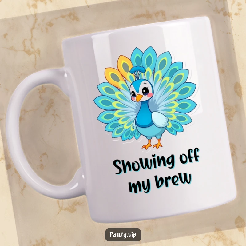 Funny peacock mug, a proud peacock fanning its iridescent tail feathers, showcasing vibrant colors.