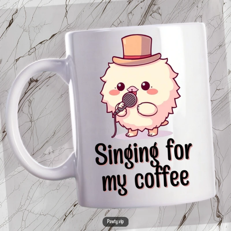 Funny mug with a fluffy creature wearing a tiny top hat, holding a microphone, ready to perform.