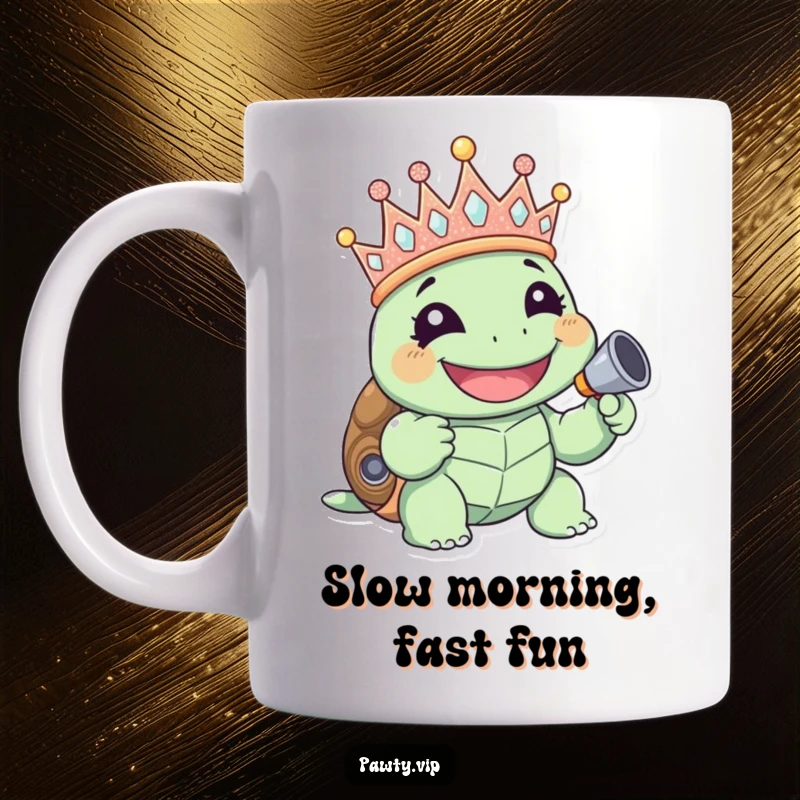 Funny giggling turtle wearing a glittery crown and holding a noisemaker on a mug, perfect for a funny gift.
