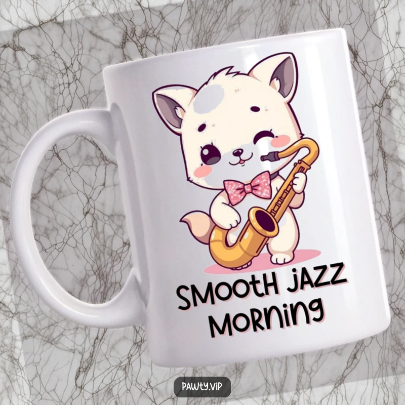 Funny kawaii animal character in a sparkly bowtie playing a saxophone on a funny mug.