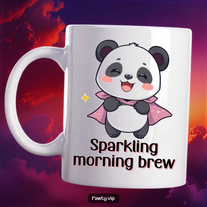 Funny panda mug featuring a giggling panda character wearing a sparkly cape, looking heroic and joyful.