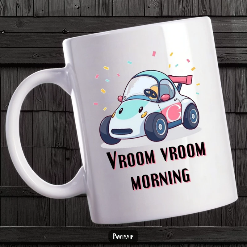 Funny race car mug character, happily speeding with colorful confetti streamers flying, embodying joy and excitement.