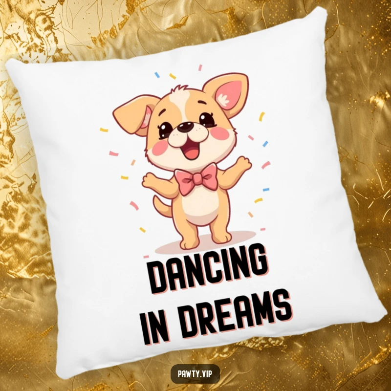 Funny Dog Pillow featuring a dancing dog in a bowtie with confetti, adding festive comfort and cheer.