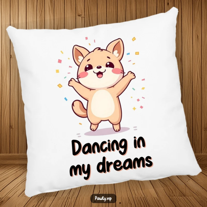 Funny kawaii animal character dancing wildly with confetti showering down, on a soft funny pillow.