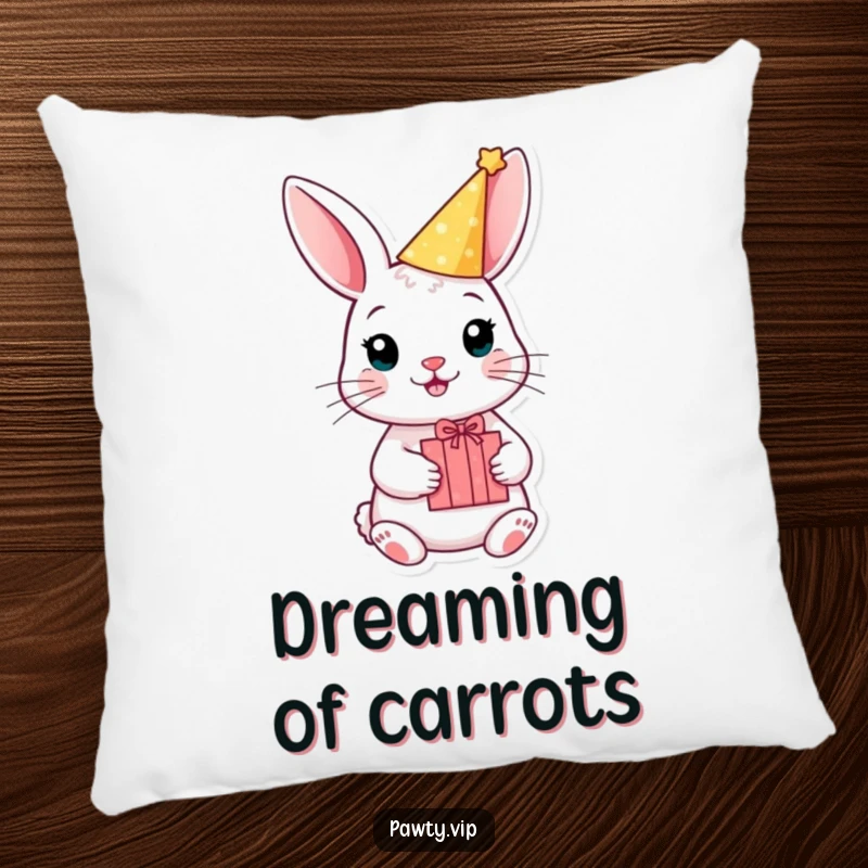 Funny rabbit party pillow with a hat and gift box, offering cozy and humorous birthday comfort.