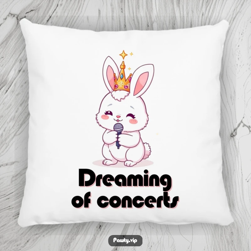 Funny fluffy bunny with a sparkly crown and microphone, on a soft pillow, providing comfort and a touch of glamorous star power for relaxation.