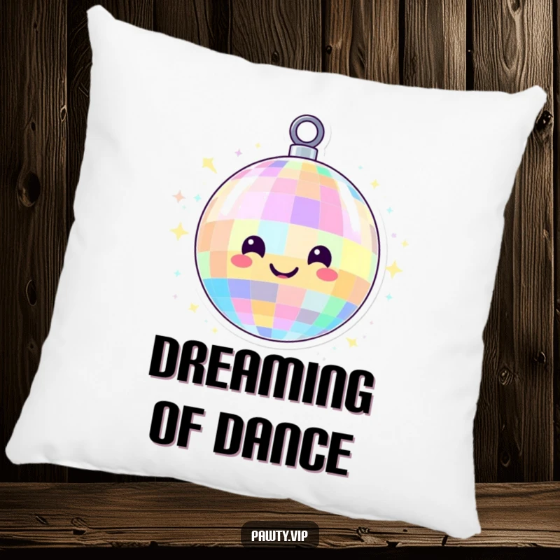 Funny disco ball character with a smiling face and colorful lights, on a soft pillow, providing comfort and a touch of vibrant, party-ready cheer.