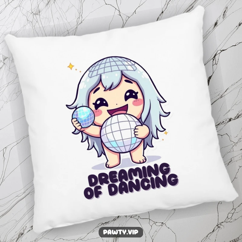 Funny pillow featuring a cheerful character holding a sparkling disco ball, perfect for cozy nights and fun decor.