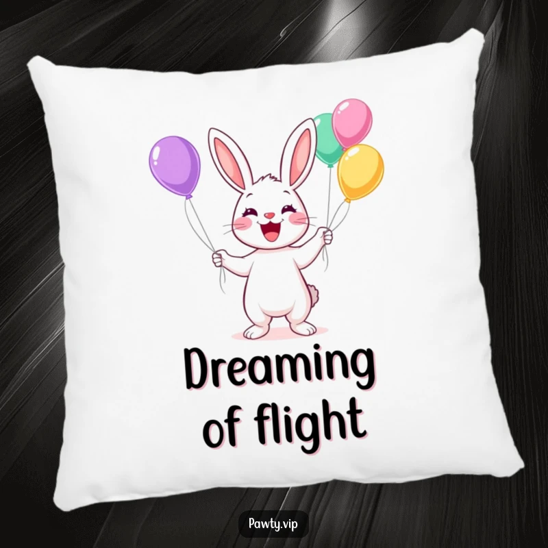 Funny Kawaii rabbit juggling colorful balloons with a wide grin on a soft pillow, perfect for comfort.