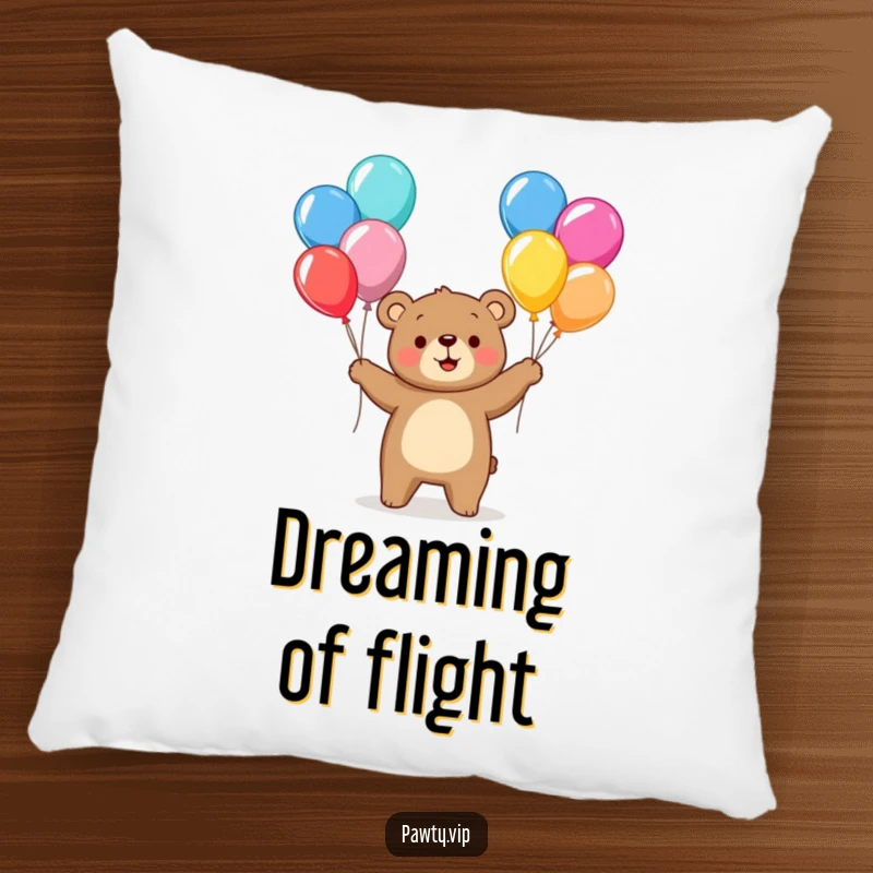 Funny bear character juggling colorful balloons on a pillow, offering cozy comfort and cheerful, festive decor.
