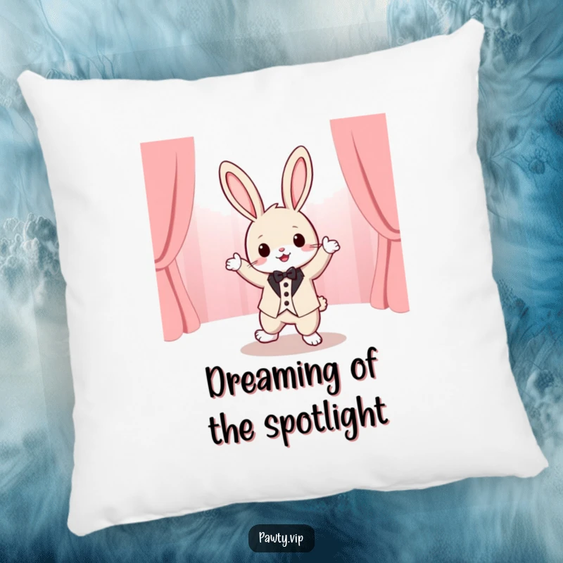 Funny tuxedo rabbit character dancing with joyful abandon on a stage, printed on a soft pillow for humorous comfort and appeal.