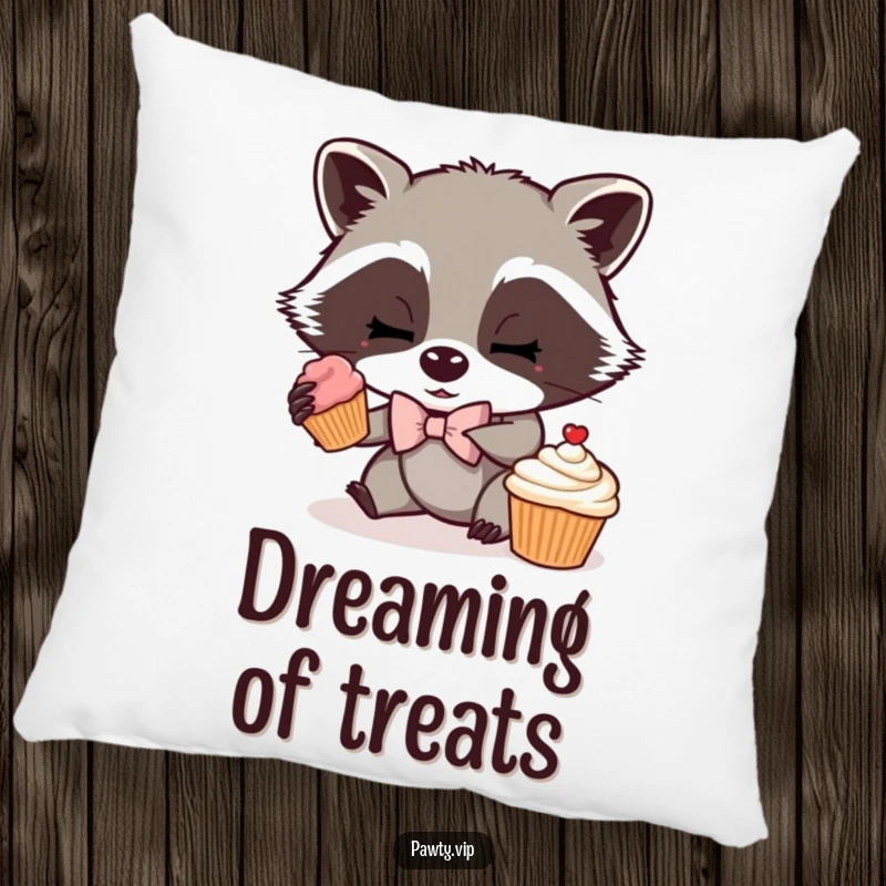 Funny pillow featuring a mischievous raccoon wearing a bow tie, sneaking a cupcake, designed for comfort and a touch of cheeky humor.