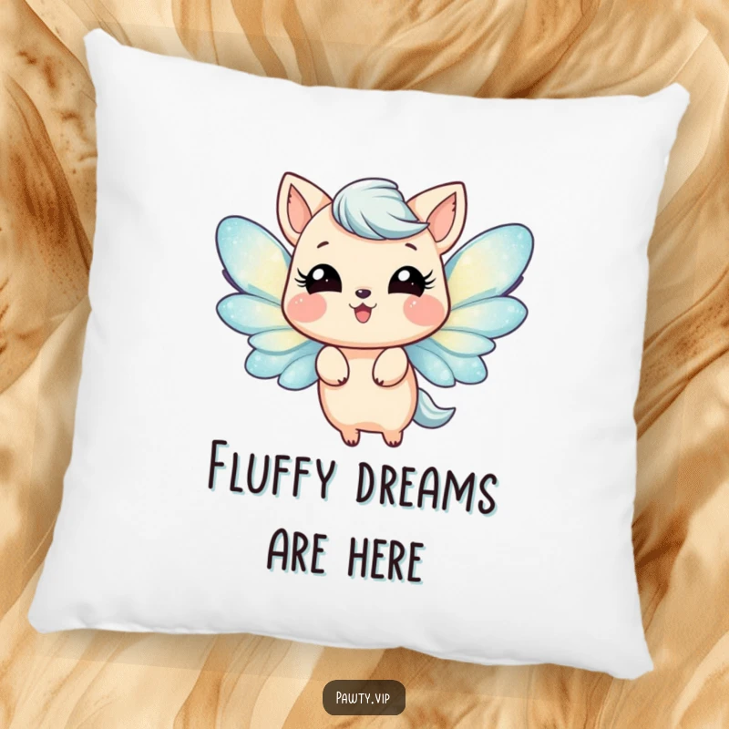 Funny Pillow showcasing a happy animal with sparkling glittery wings, captured in a joyful fluttering pose. Soft decor for a cheerful space.