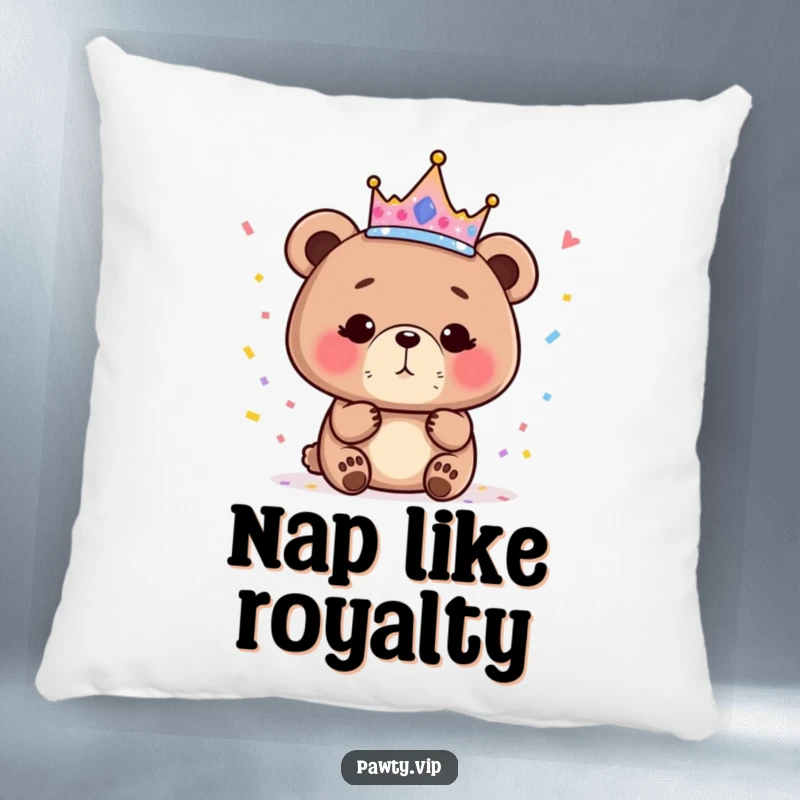 Funny bear queen pillow featuring a sparkly crown and falling confetti, offering cozy and humorous comfort.