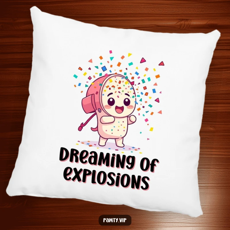 Funny Pillow: A plush pillow featuring a confetti cannon character joyfully erupting with colorful confetti, perfect for comfort.
