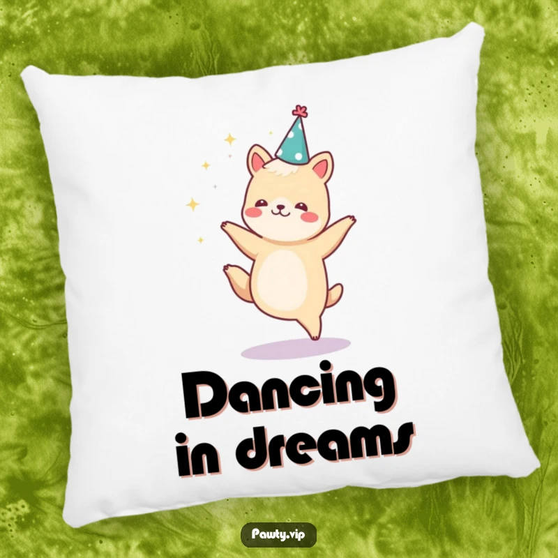Funny animal character dancing with sparkles and wearing a party hat, a soft and funny pillow.