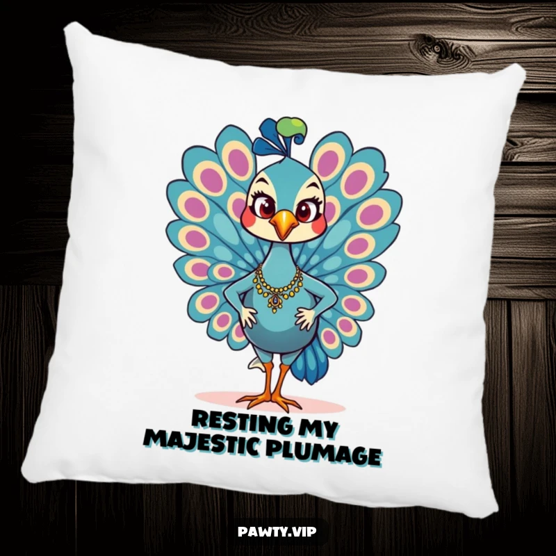 Funny Pillow featuring a glamorous peacock character confidently strutting, its colorful feathers adding a vibrant and humorous touch.