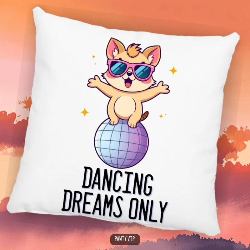 Funny pillow featuring an animal character in oversized sunglasses, dancing on a disco ball, ready for a disco nap.