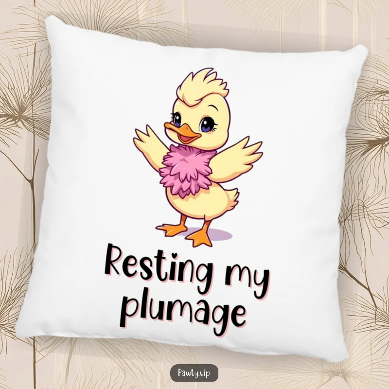 Funny duck diva pillow with a feather boa, offering cozy and humorous glamour for decor.