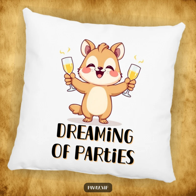 Funny animal character juggling champagne flutes with a joyful look, a soft and funny pillow.