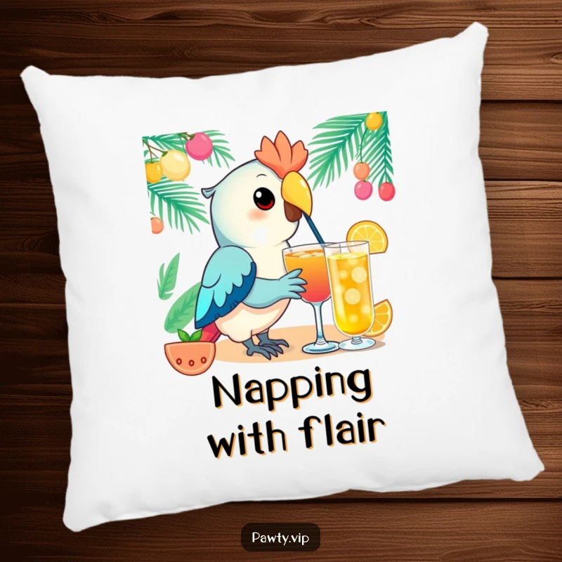 Funny Kawaii parrot pillow showing an elegant parrot character sipping a festive drink, offering comfortable and festive tropical vibes.