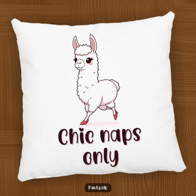 Funny pillow featuring a chic llama wearing tiny high heels, strutting confidently, designed for comfort and a touch of high-fashion humor.