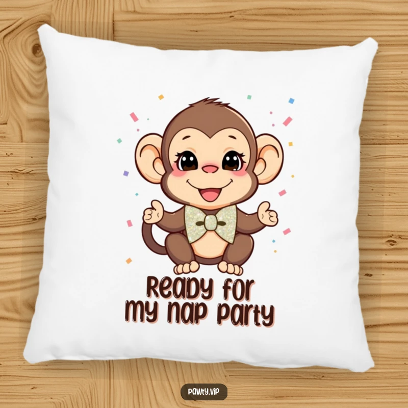Funny Monkey Pillow: A dapper monkey with a glittery bow tie tosses confetti, offering humorous comfort and charm.