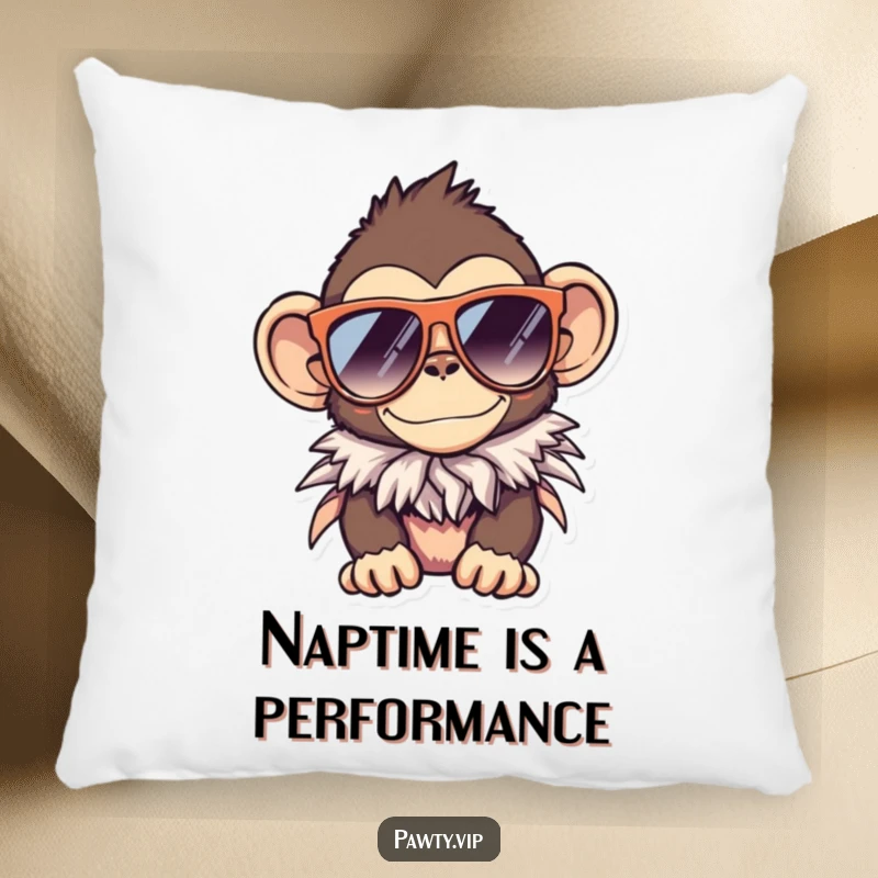 Funny monkey pillow, a soft cushion featuring a monkey in sunglasses and boa, unique decor.