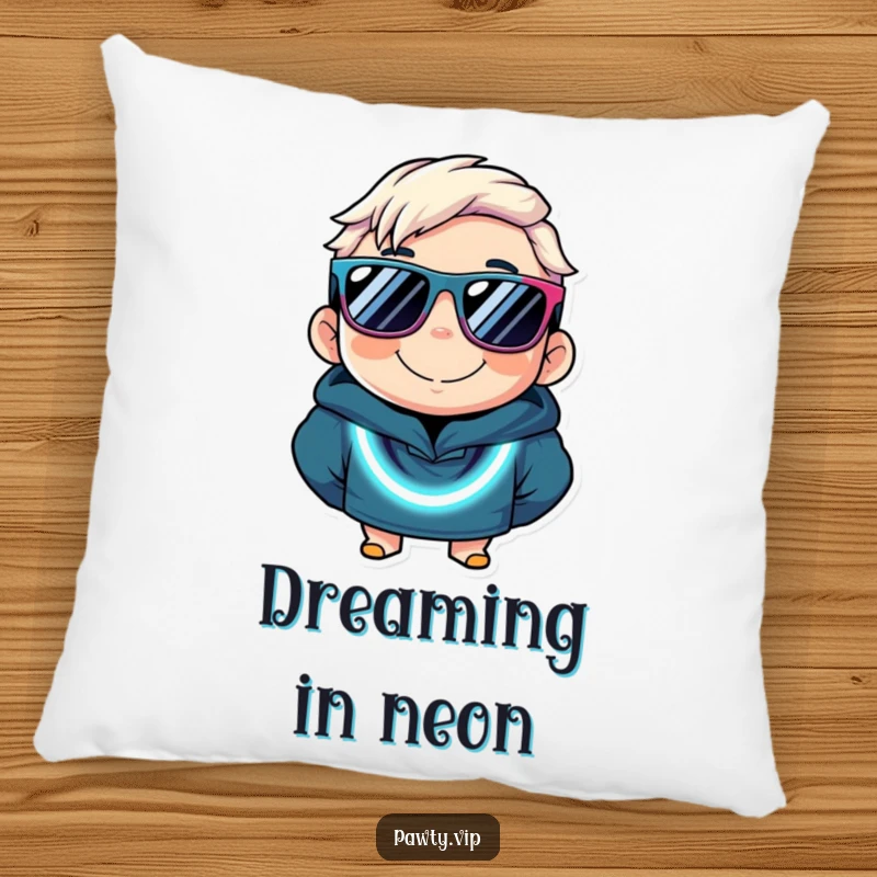 Funny pillow featuring a character with oversized sunglasses and a flashing neon necklace, embodying comfort and festive humor.