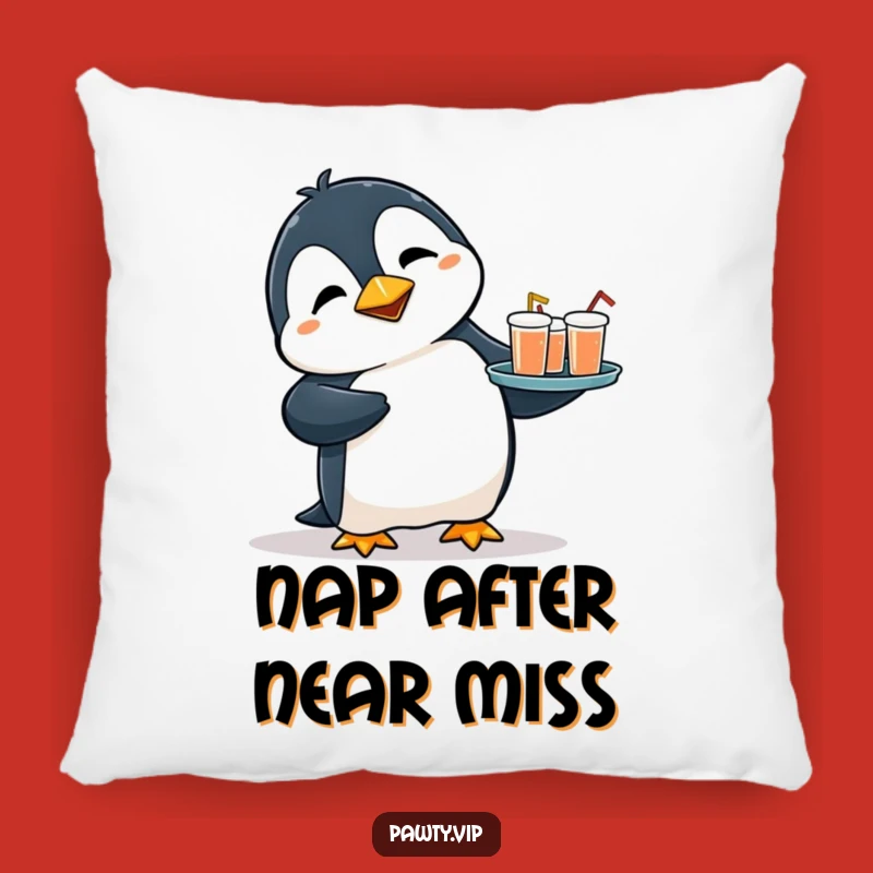 Funny Penguin Pillow: Flustered Drinks Server Pillow, Cozy & Humorous Decor Gift
