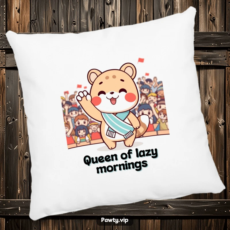 Funny Pillow showcasing a cute animal with a miniature sash, waving to a cheering audience. Soft decor for a triumphant atmosphere.