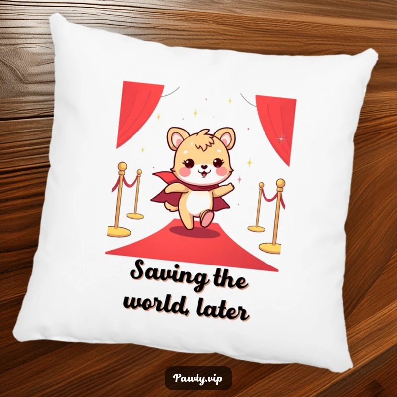 Funny pillow featuring a cheerful animal in a sparkly cape, relaxing on a red carpet after a grand entrance.