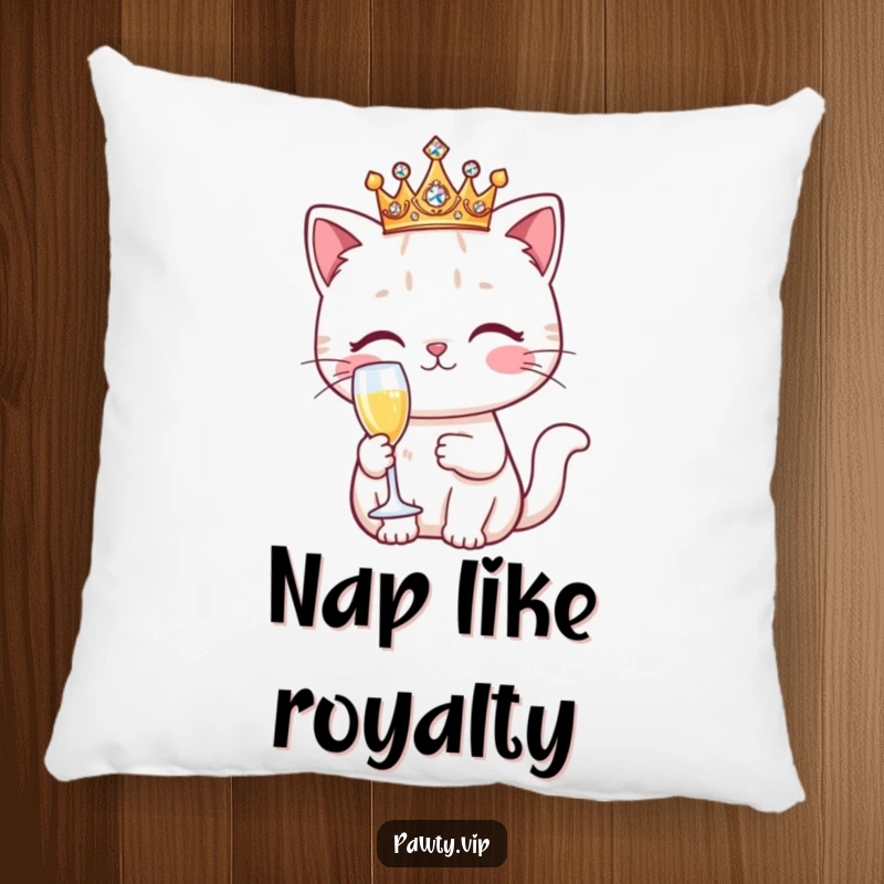 Funny Kawaii cat in a sparkling crown, holding a champagne flute, designed as a soft and huggable decorative pillow.