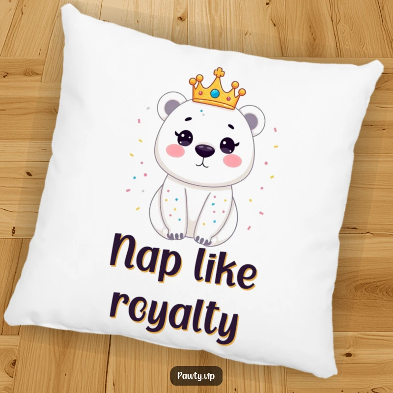 Funny pillow featuring a dazzling polar bear wearing a tiny crown, sparkling with confetti, designed for ultimate comfort and regal fun.