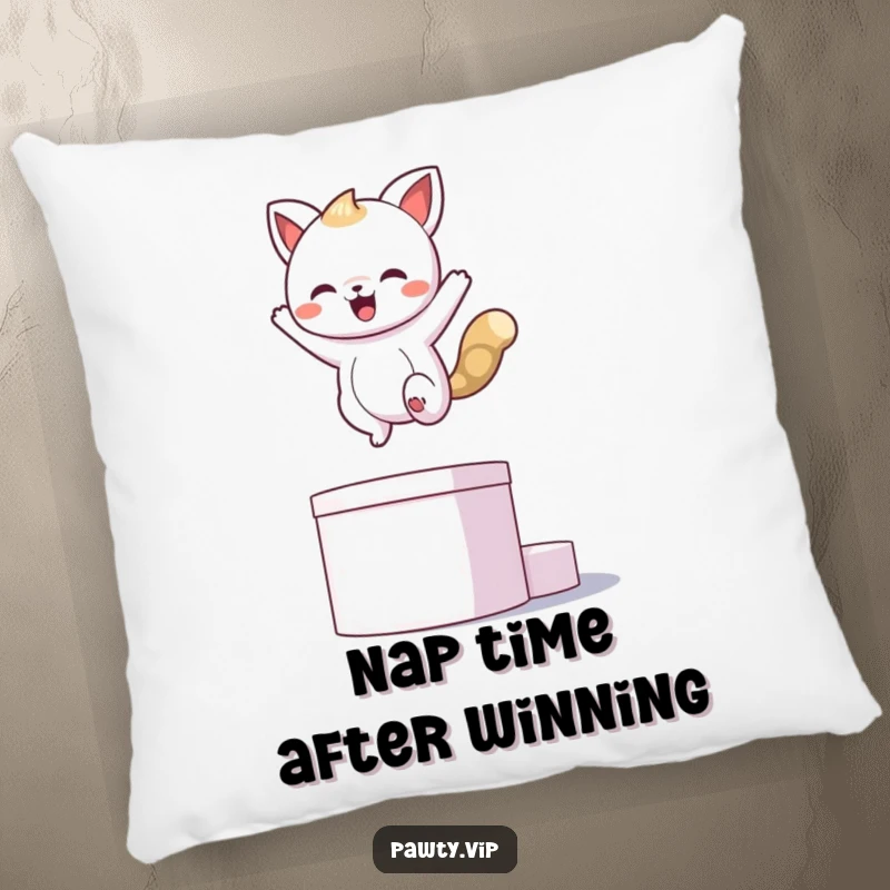 Funny kawaii animal character striking a triumphant pose on a podium, on a soft funny pillow.