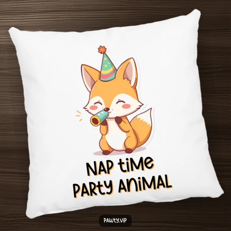 Funny fox in a party hat blowing a noisemaker, offering a touch of plush humor and comfort on a decorative pillow.