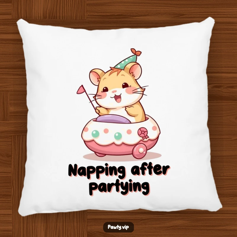 Funny hamster character riding a decorated party float, a soft and humorous pillow for festive decor.