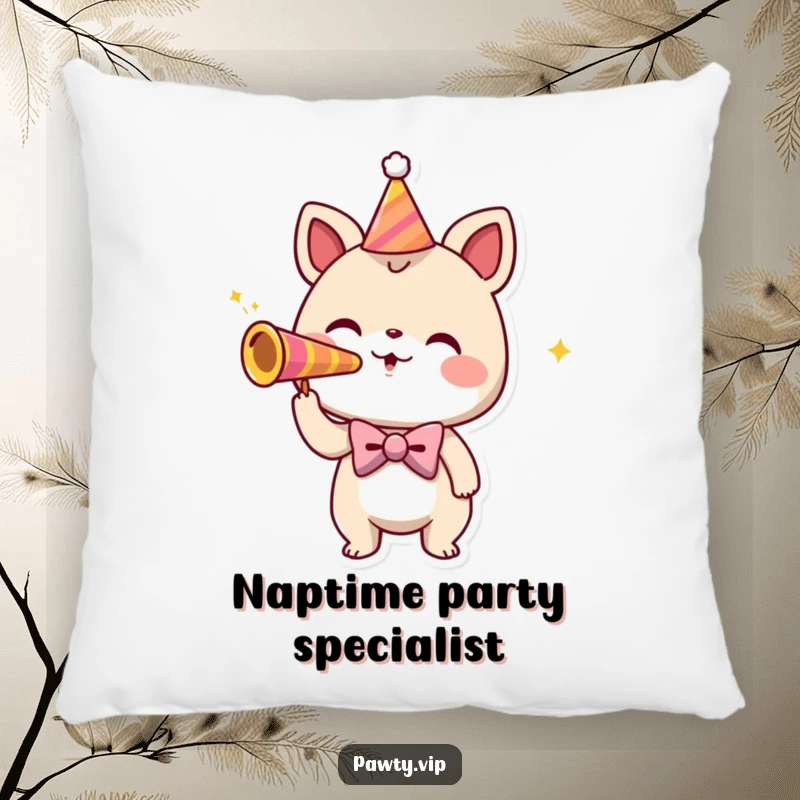 Funny pillow featuring a playful creature in a bowtie, blowing a party horn, ready for a celebratory nap.
