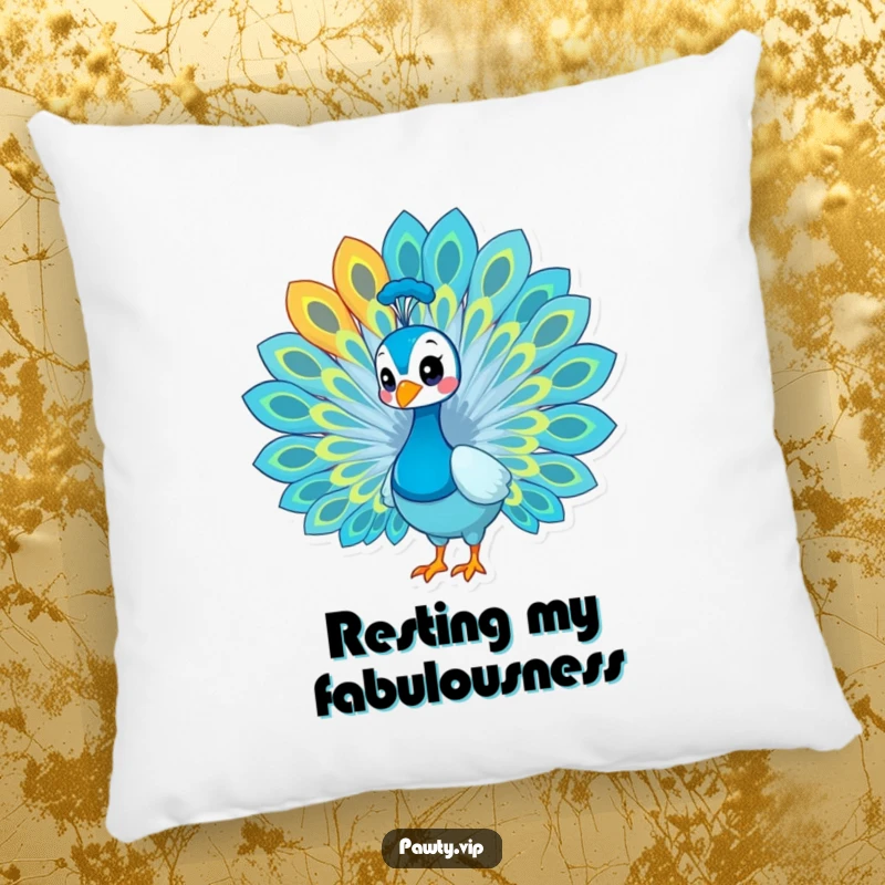 Funny peacock pillow, a soft cushion featuring a proud peacock with its train of colorful feathers.