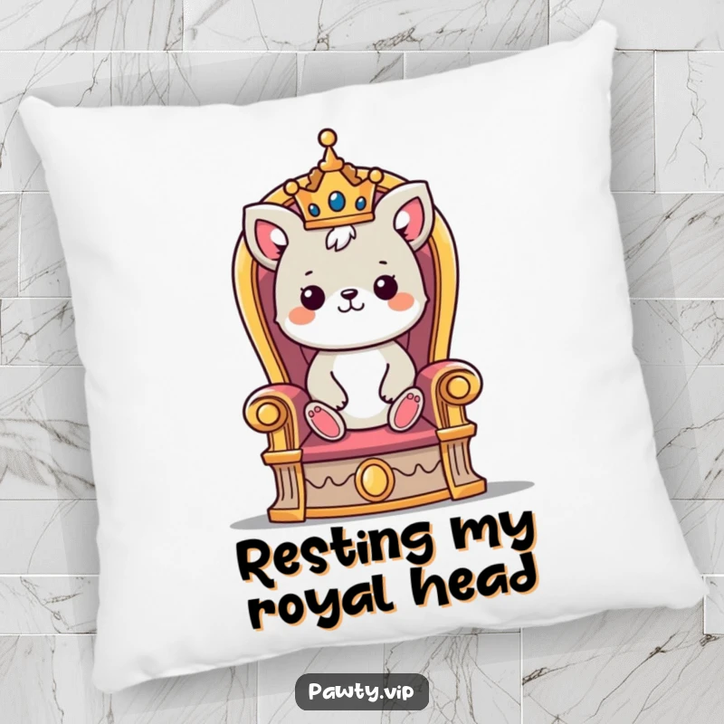 Funny pillow featuring a cute animal character in a tiny crown, majestically resting on a grand throne.