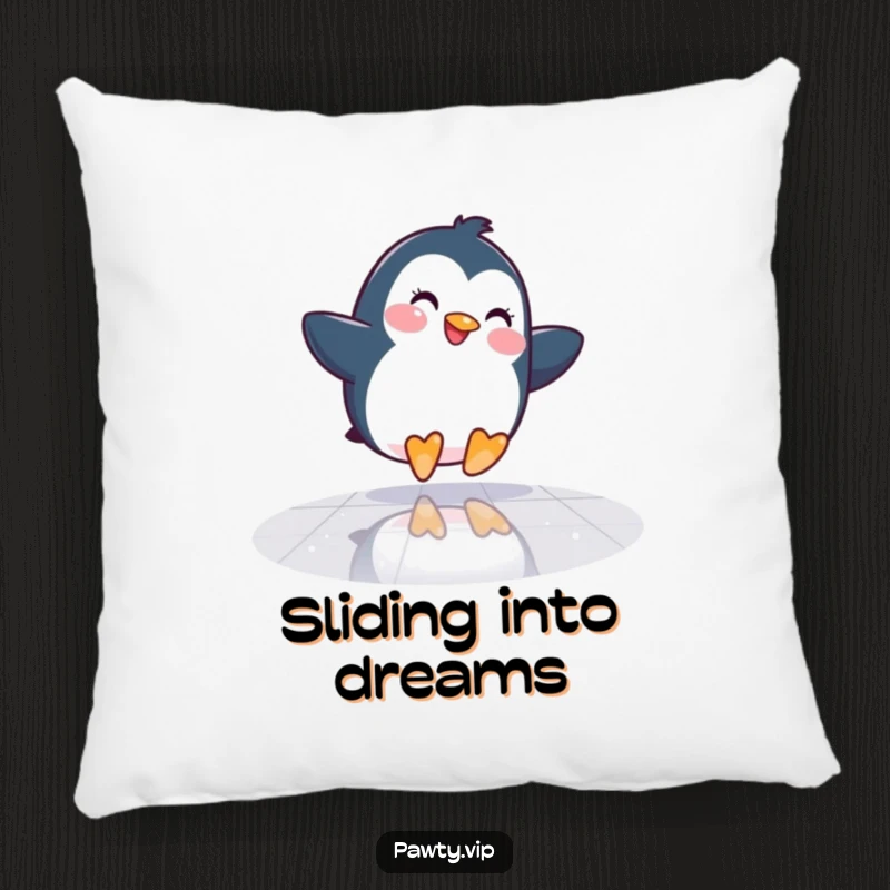 Funny Penguin Pillow: A happy penguin slides across a mirrored dance floor, offering humorous comfort and a cool, groovy vibe.