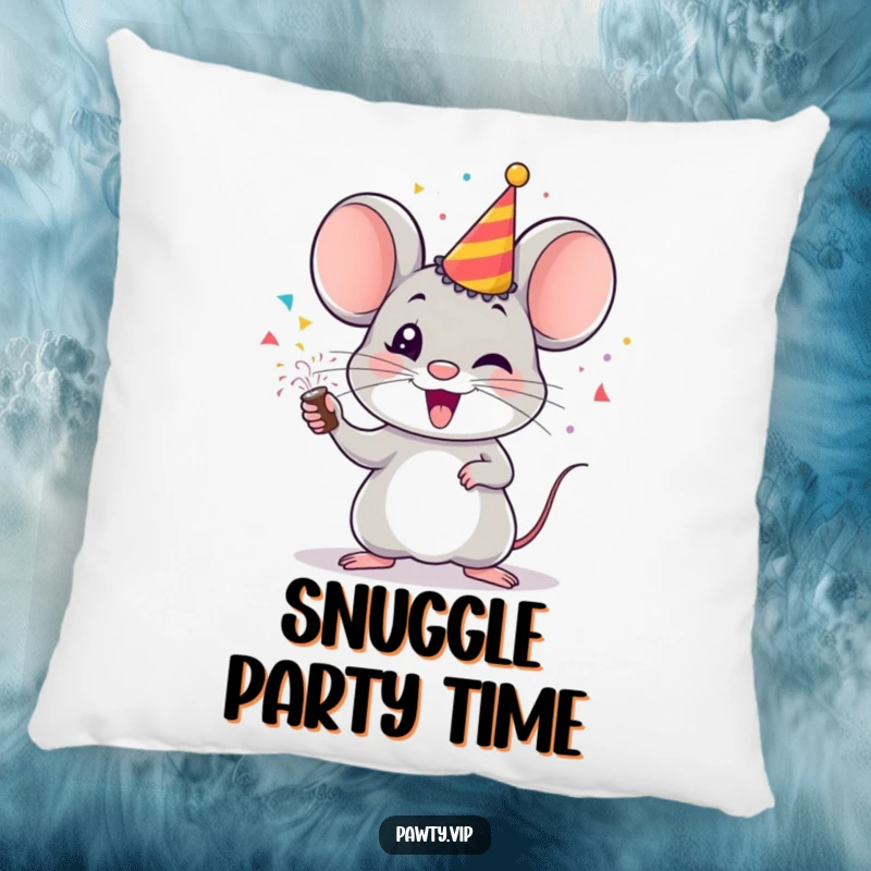 Funny mouse pillow, a soft cushion featuring a cheerful mouse with a party popper and confetti.