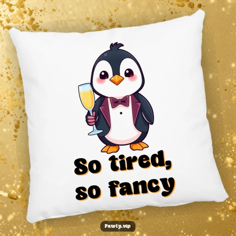 Funny penguin pillow, a soft cushion featuring a penguin in a tuxedo holding champagne, elegant decor.