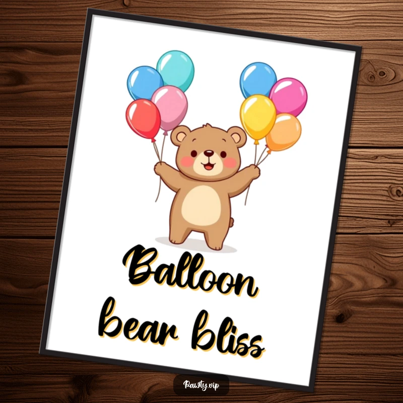Funny bear character happily juggling colorful balloons, presented as a digital art print for vibrant and cheerful decor.