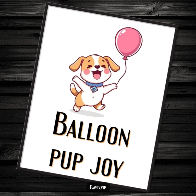Funny Kawaii dog character with a diamond collar, jumping excitedly for a balloon, available as a high-resolution digital art download.