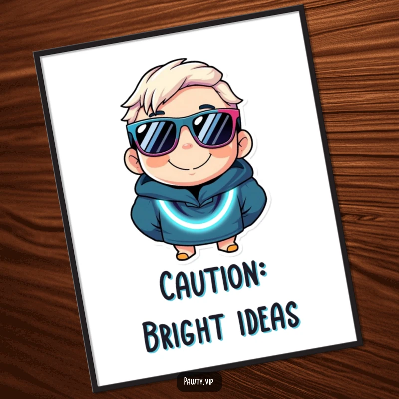 Funny digital art print of a smiling character in oversized sunglasses and a flashing neon necklace, perfect for vibrant decor.