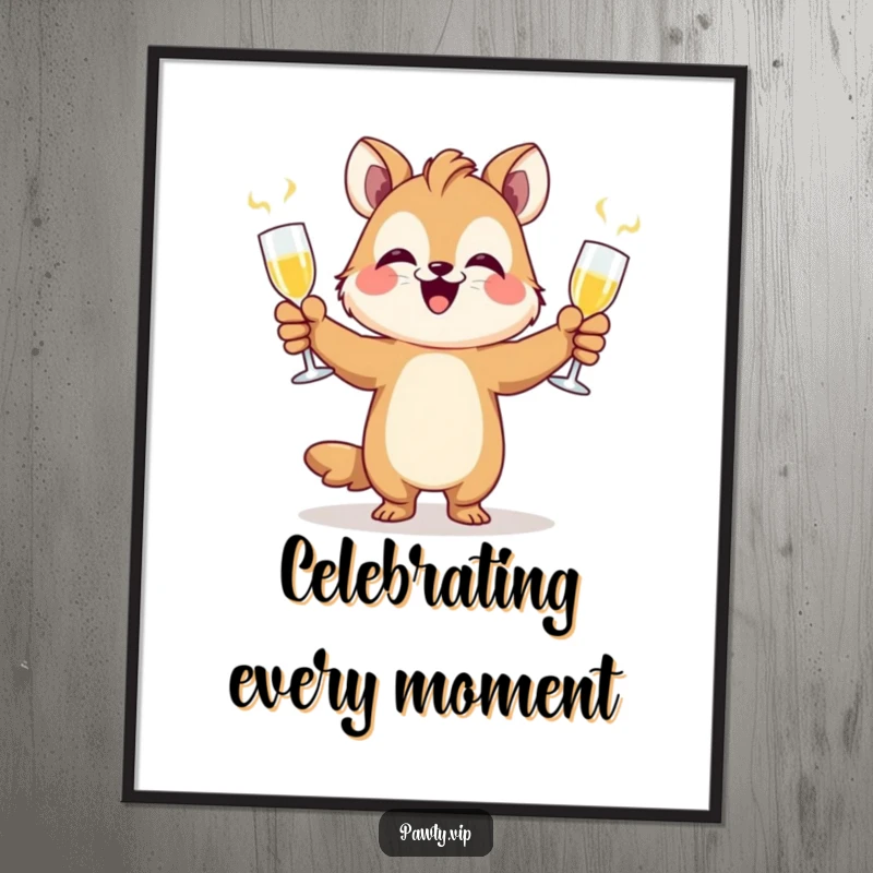 Funny animal juggling champagne flutes with a look of glee, a downloadable funny celebration art print.