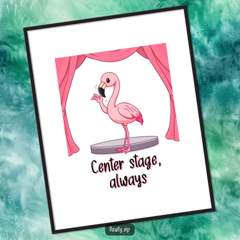 Funny Kawaii flamingo character digitally rendered art print, striking a dramatic pose on a small stage.
