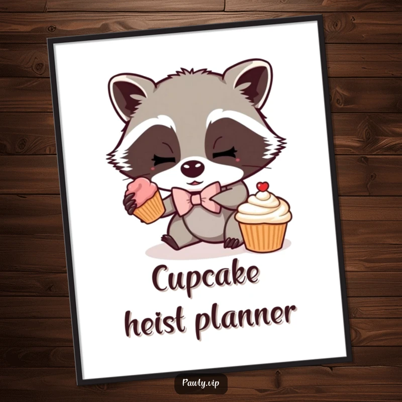 Funny digital art print of a mischievous raccoon wearing a tiny bow tie, sneaking a cupcake, ready for instant download and humorous display.